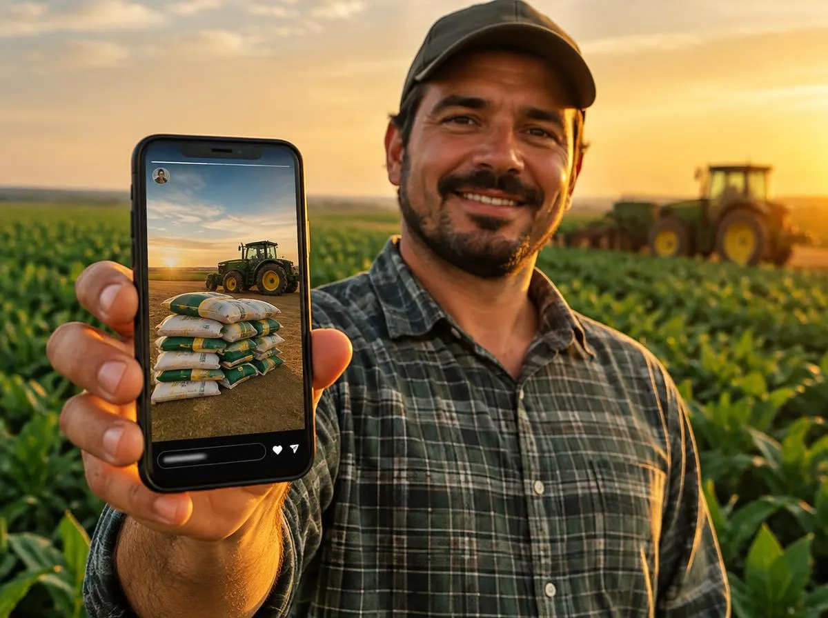 Produtor rural no campo mostrando no celular um Status com sacos de sementes e trator