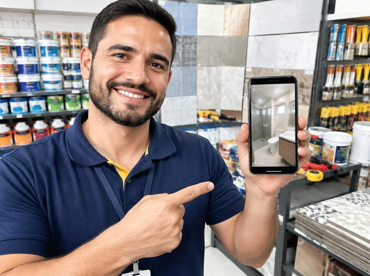 Vendedor de loja de materiais de construção mostrando no celular um Status com banheiro reformado