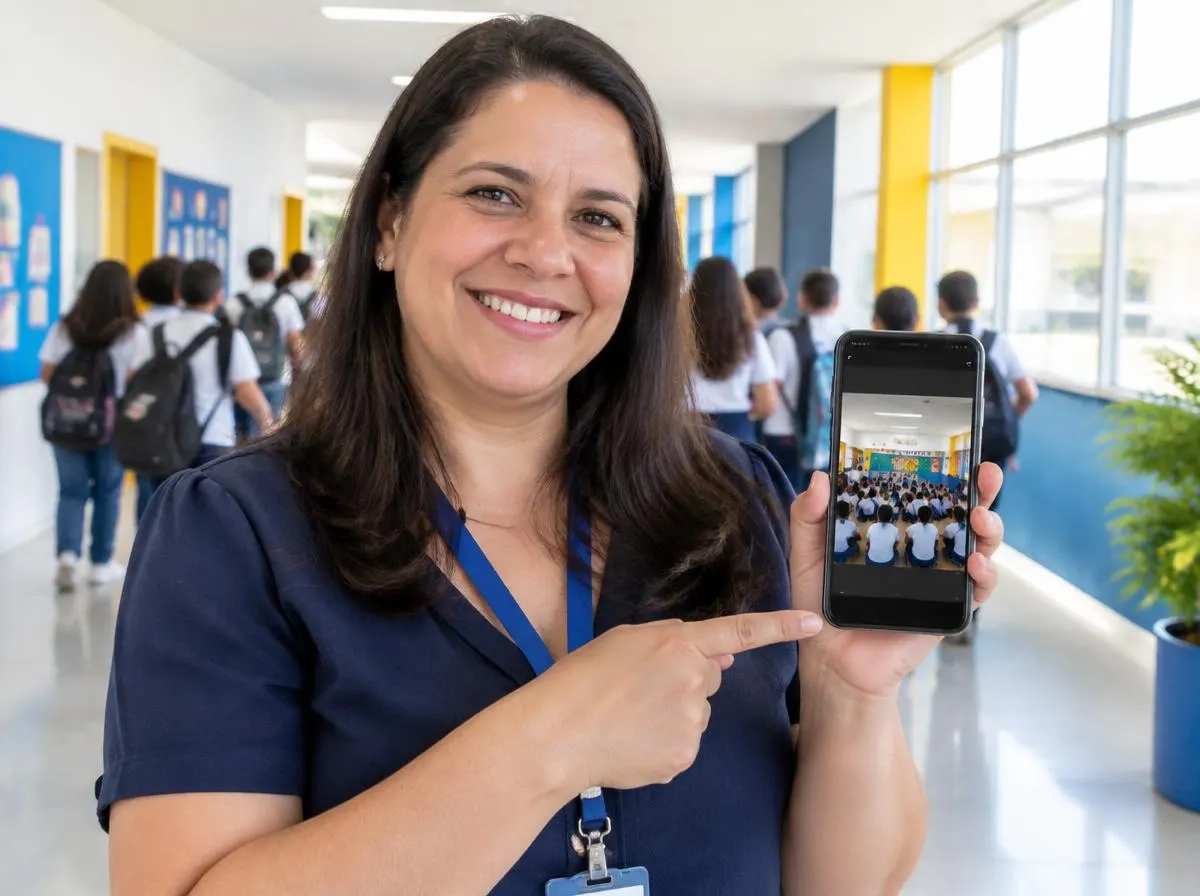 Coordenadora de escola no corredor mostrando no celular um Status com foto de evento escolar