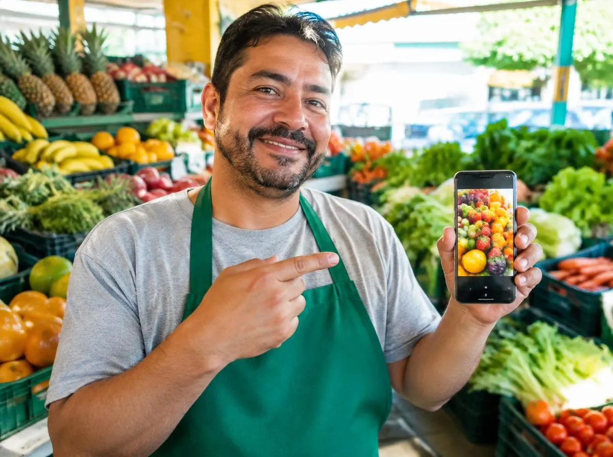 Dono de hortifruti entre bancas de frutas mostrando no celular um Status com frutas frescas