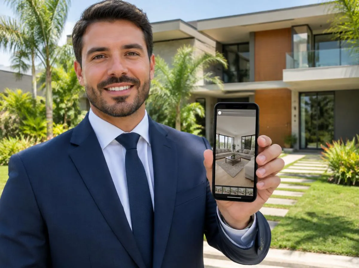 Corretor de imóveis em frente a uma casa mostrando no celular um Status com sala de estar