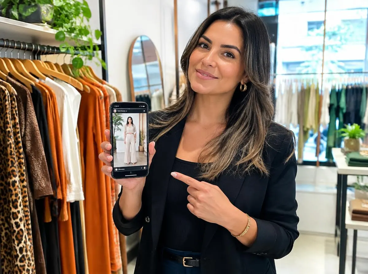 Dona de loja de roupas mostrando no celular um Status com um look da coleção