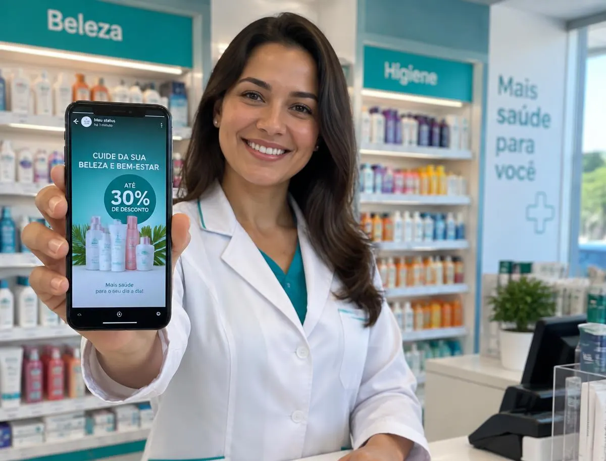 Farmacêutica mostrando no celular um Status do WhatsApp com oferta de beleza e bem-estar